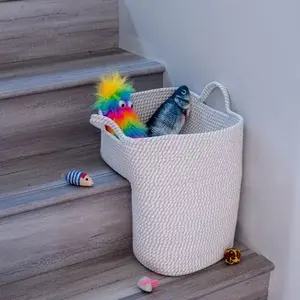 Gray And White Rope Stair Basket For Wooden Stairs Cotton Rope Basket Storage Organizer For Stairs