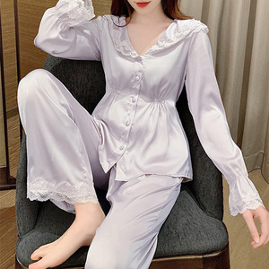 Set Pigiama Rinfrescante in Seta Ghiaccio ODM, Tinta Unita, Maniche Lunghe, Traspirante, Ecologico, Vita Elastica, per la Primavera, Ideale per Sudorazioni Notturne Femminili - Product Image 3