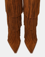 Bottes de cowgirl pour femmes en daim marron à franges superposées, à bout pointu, à talon aiguille, hauteur genou