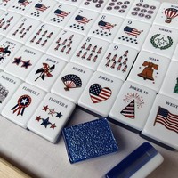 Jeu de Mahjong 4 Joueurs en Tissu Acrylique Fil Doré Bleu, Emballage Boîte Carton, Vente en Gros, Tuiles de Mahjong Style Américain les Plus Vendues