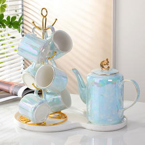 Hand-painted ceramic tea <b>set</b> with aquamarine patterns, gold-rimmed <b>teapot</b> and tea tray, housewarming gift <b>set</b> - Product Image 3