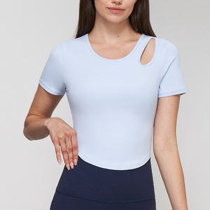 Personnalisé Doux Col Rond Slim Fit Sport Gym Yoga Courir Évider Rembourré Soutien-Gorge Workout Crop Tops À Manches Courtes T-shirts pour Femmes - Product Image 5