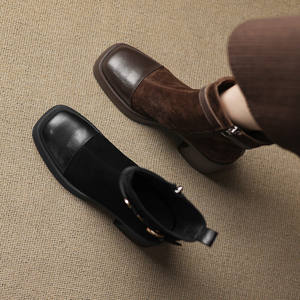 Bottines en cuir à bout carré avec ceinture métallique, style rétro classique, décontracté, tempérament, talon ultra haut, tendance, toutes occasions - Product Image 2