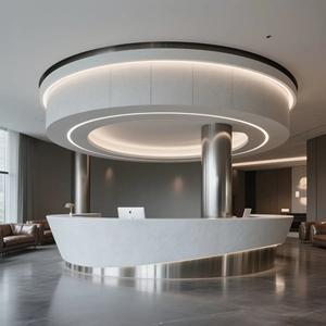 Réception moderne rose avec signalétique rétroéclairée en forme de fleur, idéale pour les espaces de beauté et de vente au détail - Product Image 1