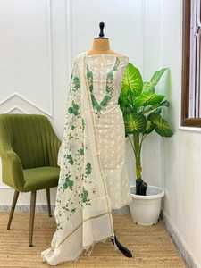 Ensemble de Kurti en coton Banarasi et soie Chanderi non cousu pour femmes, vêtements ethniques indiens, design élégant pour les fêtes, tissu confortable - Product Image 2