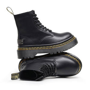 Kalın Soled 8-hole kısa çizmeler kadınlar yüksek üst hakiki deri çift sarı çizgiler öğrenci orta topuk yuvarlak ayak erkekler kısa çizmeler - Product Image 2