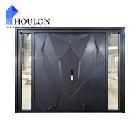 Porte d'entrée moderne et élégante de luxe avec motif géométrique 3D, panneaux latéraux en verre dépoli et poignée centrale intelligente