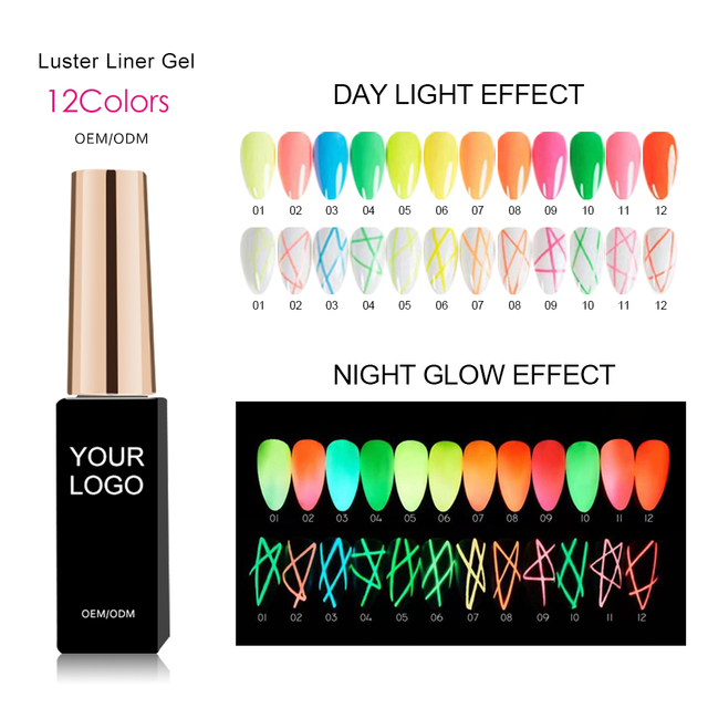 OEM 12 Colors Neon Glow & Luminous Line Art Gel Set UV LED Soak Fluorescent Nail Polish Kit Professional Salon Design