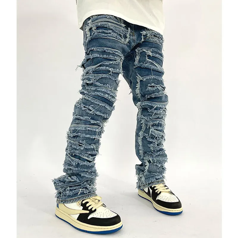 LILUO Hip hop trend men Vintage straight slim denim jeans flare stacked men distressed jeans pants for men
