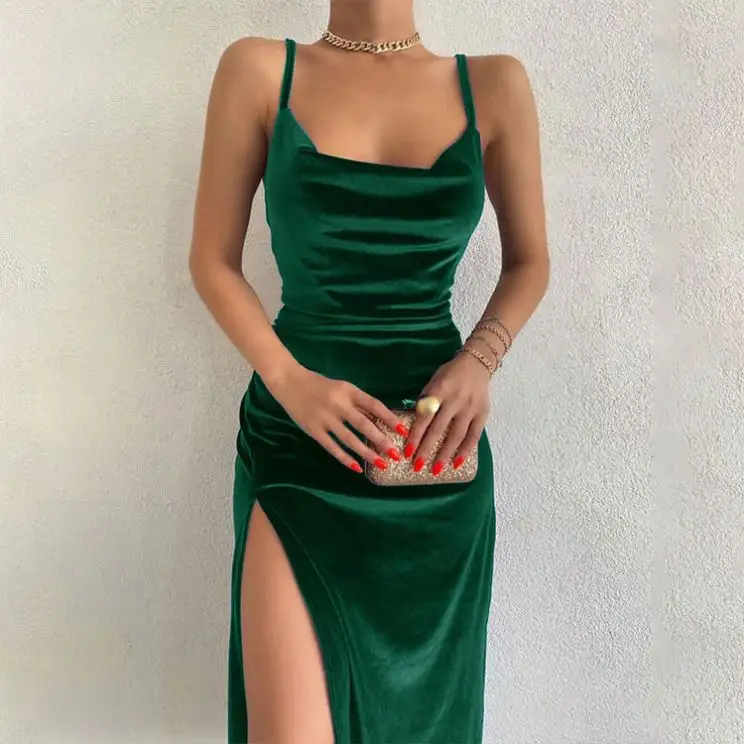 卸売ファッションスリットドレスカジュアルベルベットスパゲッティストラップドレス女性女性エレガント