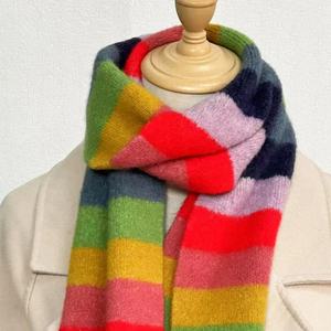 Hiver Filles Boucle Fil Horizontal Stripe Rainbow Colorful Scarf Female Warm Color Blocking Blanket Cashmere Fringed Pompom Scarf - Product Image 3