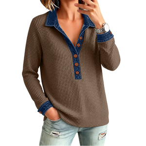 Suéter tipo túnica informal de otoño para mujer, con cuello de mezclilla, manga larga, botones Henley y diseño de patchwork con tejido gofrado. - Product Image 3