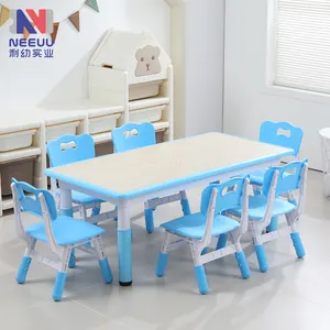 Wholesale Price Rectangle Plastic Adjustable Table Sets Children Study Activity Table And Chair Set Preschool Furniture (Blue)