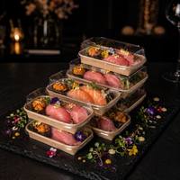 Boîte à sushi avec couvercle transparent à dôme haut, étanche, motif décoratif, boîte à bento jetable pour la livraison de restaurants japonais, OEM