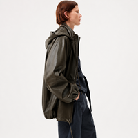 Veste coupe-vent vintage d'hiver pour femme, courte, à capuche, zippée, en cuir d'agneau véritable teint uni, style Gorpcore décontracté, vert rétro
