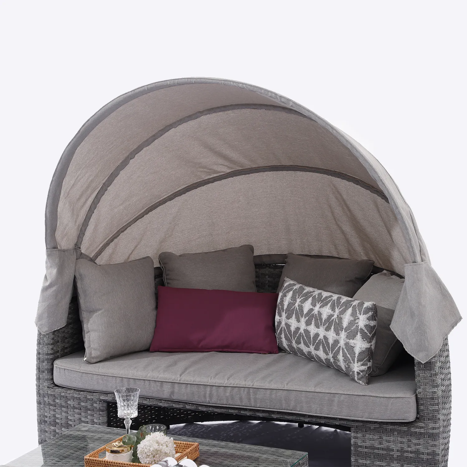 Outdoor Patio Möbel Garten Runde Sonnen liege Wicker Rattan Tages bett mit Baldachin