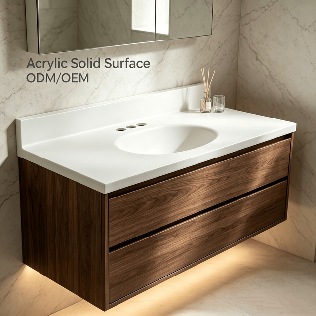 Luxury Modern Floating Oak Wood Bathroom Vanity with Solid Surface Integrated Sink Custom Wall Mounted Vanity Cabinet