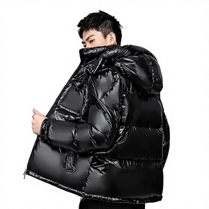 Men's Black Puffer Jacket Solid Color Windproof Winter Casual Zipper Closure Stand Collar Polyester Down Wadding Reguler Fit - Product Image 3
