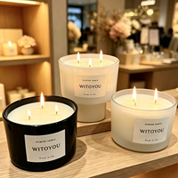Witoyou Groothandel 12oz Op Maat Gemaakte Zwarte Premium 3-Pitjes Sojawas Geurkaarsen Cadeau in Glazen Pot met Houten Deksel Paraffinevrij