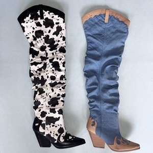 Pointy Toe Cow Print Design High Chunky Heel Boots Loose Leisure Over Knee High Booties Women Patchwork Denim <b>Shoes</b> Mixed Color - Product Image 6