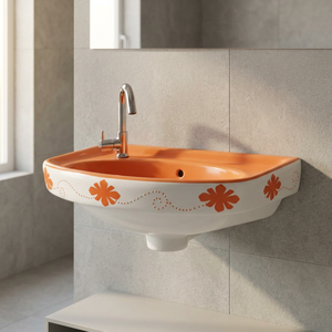 Lavabo con estampado de flores blancas y azules Diseño simple moderno Gabinete de tocador de baño montado en la pared Fregadero de cerámica - Product Image 2