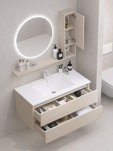 Meuble de salle de bain suspendu au mur avec lavabo intégré en céramique, style crème français moderne et minimaliste, miroir intelligent - Product Image 2