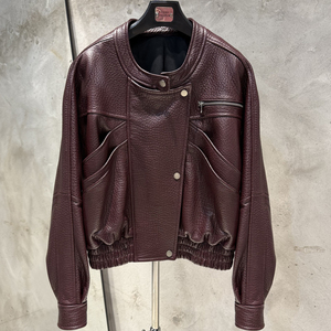 Vestes en cuir de mouton véritable à col rond surdimensionné, vestes bomber en cuir pour femmes - Product Image 1