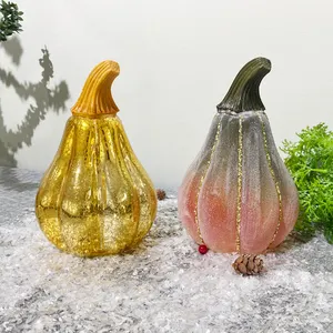 Ucuz fiyat LED işıklı el üflemeli altın cam kabak meyve figürleri cadılar bayramı dekorasyon