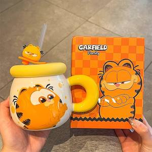 Taza de cerámica Dnx Garfield con tapa y pajita, diseño de dibujos animados amarillos, para oficina, hogar, regalo de graduación, taza individual - Product Image 3
