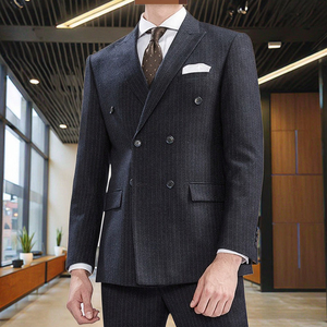 उच्च गुणवत्ता वाले 3 टुकड़े पुरुषों के सूट जैकेट सिलाई औपचारिक व्यवसाय सूट सेट धारीदार डबल ब्रीस्टेड फिट फिट शादी सूट - Product Image 1