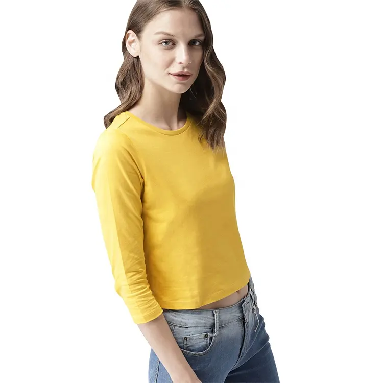 wholesale women 100% cotton crop top 3/4 length sleeve yellow t-shirts