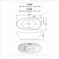 Bañera Ovalada de Doble Extremo Independiente Blanca para Baño Elegante, 170cm 180cm