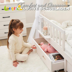 Letto in legno massello <span class=keywords><strong>90x200</strong></span> cm Montessori piano bianco vassoio libro protezione caduta doghe 4 pezzi decorativo per bambini - Product Image 4