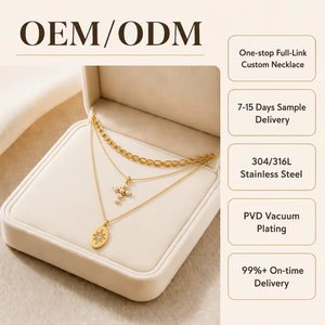Collier superposé unisexe en acier inoxydable plaqué or 18 carats avec zircon et perle d'eau douce, chaîne à maillons, pendentif croix ovale étoile, bijoux - Product Image 4
