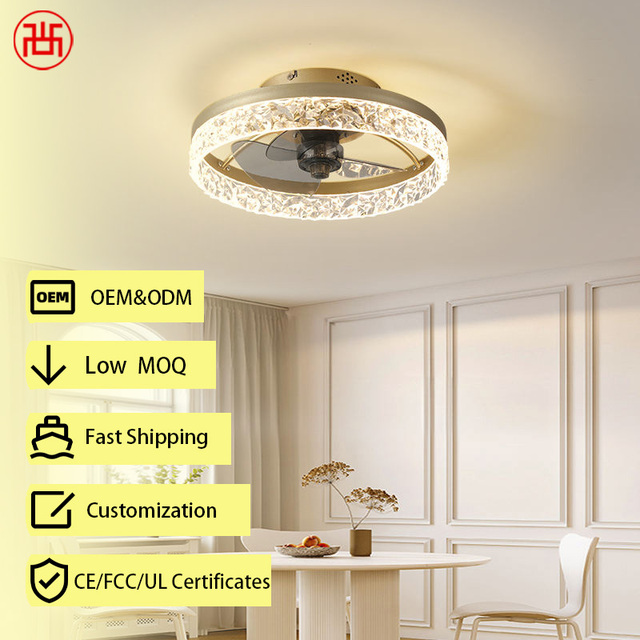 Luxury 5 6-Speed LED Light Bedroom Ceiling Fan Crystal Ring Modern Design Silent DC Motor Intelligent App Remote Metal Electric