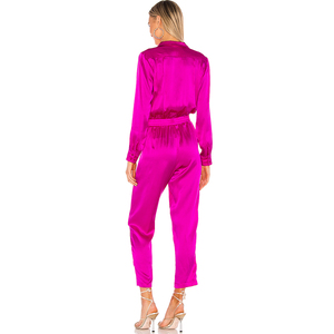 Fushia-<span class=keywords><strong>Mono</strong></span> de manga larga para mujer, traje de una pieza de satén de seda 100% - Product Image 3