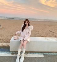 Cardigan en tricot douillet rose à capuche en fausse fourrure - Pull zippé doux avec bordure moelleuse, coupe ample et mignonne pour la mode automne-hiver