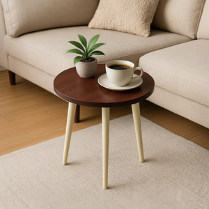 Round Wood Side <b>Table</b> with Cream Legs Midcentury Modern Accent <b>Table</b> for Living Room - Product Image 1