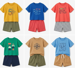 Ensemble de Vêtements d'Été pour Enfants en Gros, 2 Pièces : T-Shirt à Col Rond Manches Courtes et Short, Couleurs Assorties, Imprimés Mixtes, Tenues pour Tout-Petits - Product Image 2
