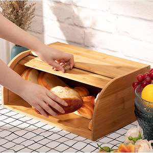Boîte à pain en bambou à couche unique avec porte à volet roulant, organisateur de cuisine, conteneur de rangement anti-poussière pour pain et collations - Product Image 4