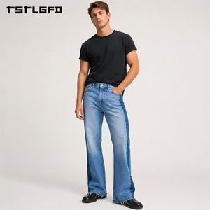 Pantalones vaqueros acampanados con paneles OEM ODM, de mezclilla pesada con lavado vintage y dobladillo deshilachado, estilo streetwear, venta al por mayor a granel - Product Image 1