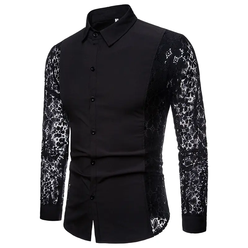 Arm full lace patchwork casual shirt Solid color fashionable long sleeved lapel button up shirt for mens