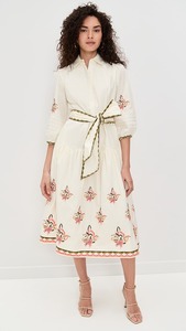 Robe maxi blanche à col en V, brodée, avec ceinture, décontractée, pour femmes, manches courtes, taille naturelle, 100% coton tissé - Product Image 3