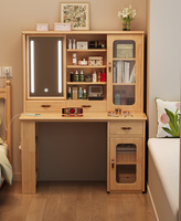 Bureau de toilette moderne nordique en bois massif avec éclairage LED - Table de maquillage multifonctionnelle convertible en bureau d'écriture avec panneau perforé