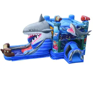 Commercial Dry or Wet Shark Combo Bounce House inflatable bounce with water slide for kids
