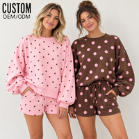 Ensemble de survêtement décontracté deux pièces en coton pour femme, avec sweat-shirt oversize à col montant imprimé à pois tendance et short, style OEM