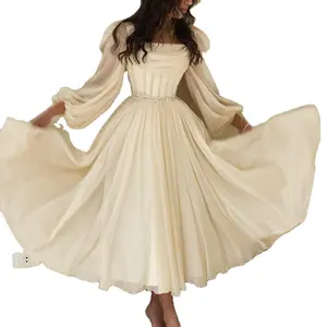 Sharon Said SS393 Dubai Beige Long Sleeves Tea Length Arabic Short Midi Evening Dresses With Belt