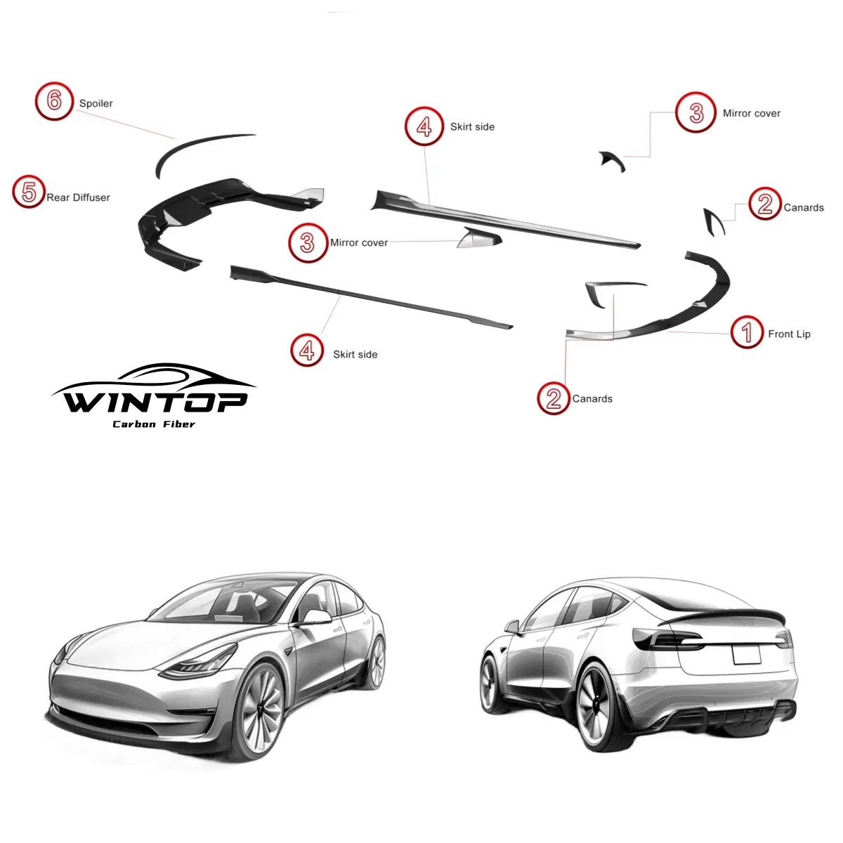 Kit Aksesori Mobil Model 3 tuning, Kit bodi mobil serat karbon asli 3K untuk Tesla Model 3