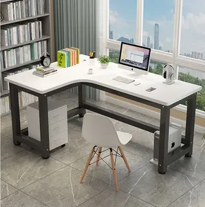 Home Furniture Large Corner Studio Computer Desk L Shaped Metal Frame Wood Writing Table With Pedestal