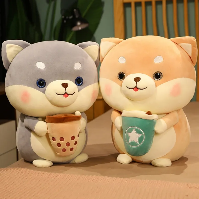 Kawaii Soft Boba Milk Tea Shiba Inu Stuffed Animal Sleeping Doll Kids Gifts Cute Dog Plush Toys for Girls